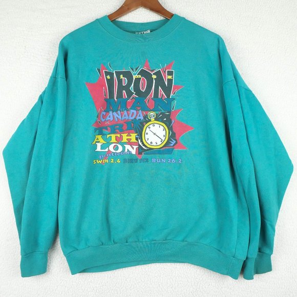Vintage Sweaters - Vintage Ironman Sweater Womens Medium Green Oversized Crew Fleece 90s